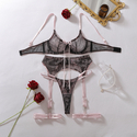 Schwarzes Rosa Blumen-Spitzen-Mesh-Shapewear-Dessous-Set Mit Schleife