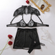 Schwarzes Transparent-Spitzen-Panel-Mesh-Cutout-Halbrock-Shapewear-Dessous-Zweiteiler-Set
