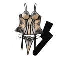Schwarzes, transparentes Dessous-Zweiteiler-Set mit floraler Stickerei und Farbblock-Design inklusive Strümpfen