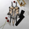 Schwarzes, transparentes Dessous-Zweiteiler-Set mit floraler Stickerei und Farbblock-Design inklusive Strümpfen
