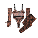 Black leopard print Floral Bud Embellished Sheer Leopard Print Bodysuit With Gloves And Stockings