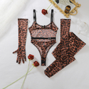 Black leopard print Floral Bud Embellished Sheer Leopard Print Bodysuit With Gloves And Stockings