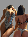 6821 Silver Black Leopard Print One-Piece Backless Swimsuit