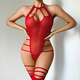 Red Sheer Mesh Halter Bodysuit With Stockings