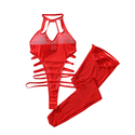 Red Sheer Mesh Halter Bodysuit With Stockings