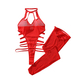 Red Sheer Mesh Halter Bodysuit With Stockings