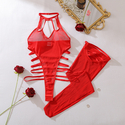 Red Sheer Mesh Halter Bodysuit With Stockings