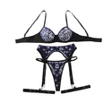 Schwarz-blaues, transparentes Shapewear-Dessous-4-Teiler-Set mit Stickerei und offenem Rücken