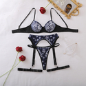 Schwarz-blaues, transparentes Shapewear-Dessous-4-Teiler-Set mit Stickerei und offenem Rücken