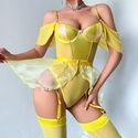Yellow 3D Flower Mesh Puff Skirt With Stockings