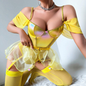 Yellow 3D Flower Mesh Puff Skirt With Stockings