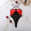 Black-red Color-Block Crisscross Halter Cutout Cami Bodysuit With Lace Trim