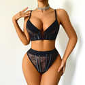 Black Sheer Lace Low-Cut V-Neck Push-Up Lingerie And Panty Set