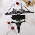 Black French Diamond Grid Embroidery Mesh Underwire Push-Up Lingerie Set