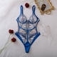 Blue Deep V Embroidered Mesh Underwire Push-Up Bodysuit