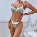 Green Solid Color Satin Ruffle Lace Lingerie Set With Underwire Push-Up Bra And Thong