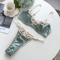 Green Solid Color Satin Ruffle Lace Lingerie Set With Underwire Push-Up Bra And Thong