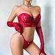Burgundy Lace Strappy Waist-Cinching Strapless Lingerie Set With Sheer Gloves