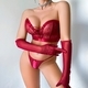Burgundy Lace Strappy Waist-Cinching Strapless Lingerie Set With Sheer Gloves