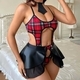 Ensemble cosplay body caraco en dentelle ajourée noir-rouge avec mini-jupe