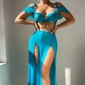 Sky blue Bow Chain Halter Top With High Slit Long Skirt Lingerie Set