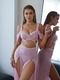 Sky blue Bow Chain Halter Top With High Slit Long Skirt Lingerie Set