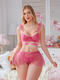 Ensemble lingerie 3 pièces en dentelle transparente rose