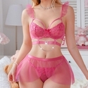 Pink Pink Sheer Lace 3-Piece Lingerie Set