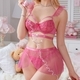 Ensemble lingerie 3 pièces en dentelle transparente rose