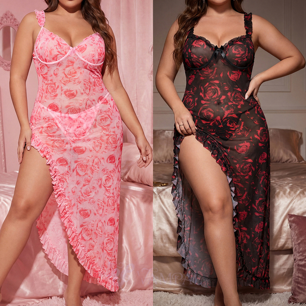 Plus Size Lace Lingerie Set With Long Slit Semi-Sheer Dress