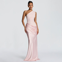One-Shoulder Ruched Satin Bodycon Long Dress