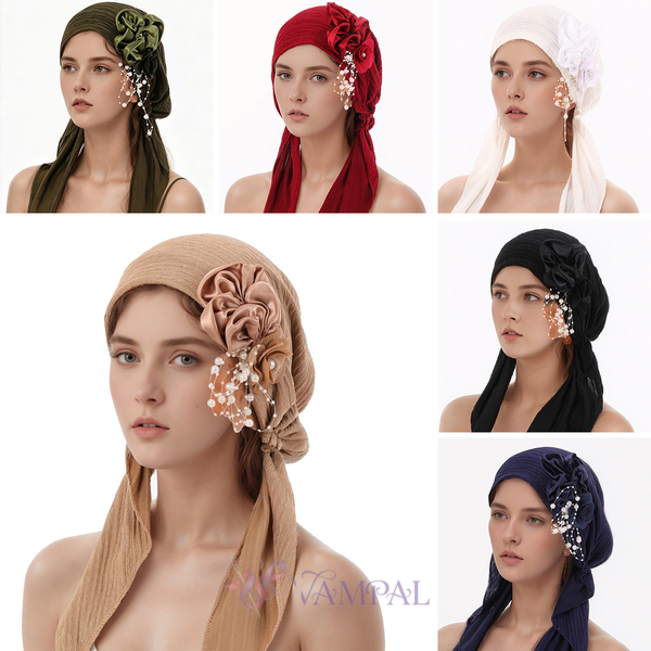 Women's Ribbed Turban Hat With Side Pearl Flower