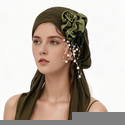 Women's Ribbed Turban Hat With Side Pearl Flower