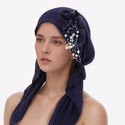 Women's Ribbed Turban Hat With Side Pearl Flower