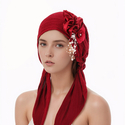 Women's Ribbed Turban Hat With Side Pearl Flower
