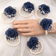 Silver Leaf Rhinestone Wrist Corsage With Navy Rose