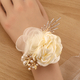 Romantic Faux Organza Rose Wrist Corsage With Gold Leaf Rhinestone Pearl
