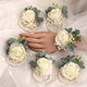 Forest-Style Artificial Ivory Rose Wrist Corsage And Beaded Boutonniere Set