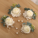 Forest-Style Artificial Ivory Rose Wrist Corsage And Beaded Boutonniere Set