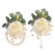 Forest-Style Artificial Ivory Rose Wrist Corsage And Beaded Boutonniere Set