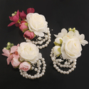 Dark Red Cream Faux Rose Wrist Corsage And Boutonniere Set