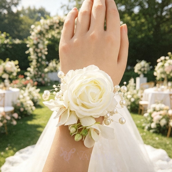 Conjunto de boutonniere y pulsera corsage de rosa simulada crema con perla