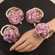 Pulsera corsage de rosa de cinta de satén champán con perlas