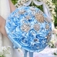 Light Blue Satin Rose Bridal Bouquet With Faux Rhinestone Pearls