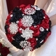 Wine Red And Black Satin Ribbon Rose Bouquet With Rhinestones