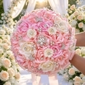 Pink Satin 3D Rose Bridal Bouquet With Rhinestone Pearls