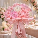 Pink Satin 3D Rose Bridal Bouquet With Rhinestone Pearls