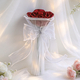 Camel Yellow Satin Ribbon Artificial Rose Mini Bouquet With Pearl Rhinestone Mesh