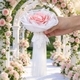 Pink Satin Ribbon Rose Tassel Bouquet With Pearl Mesh Lace