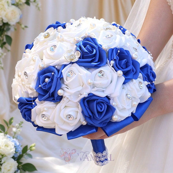 Blue And White PE Foam Rose Wedding Bouquet